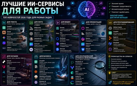Лучшие ИИ-сервисы для работы в 2026 году: полный обзор нейросетей для текста, фото, видео, программирования и бизнеса.